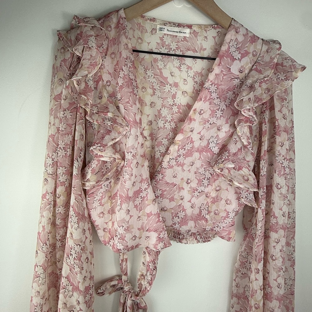 Pink Floral Ruffle Wrap Blouse - Picture 3 of 8